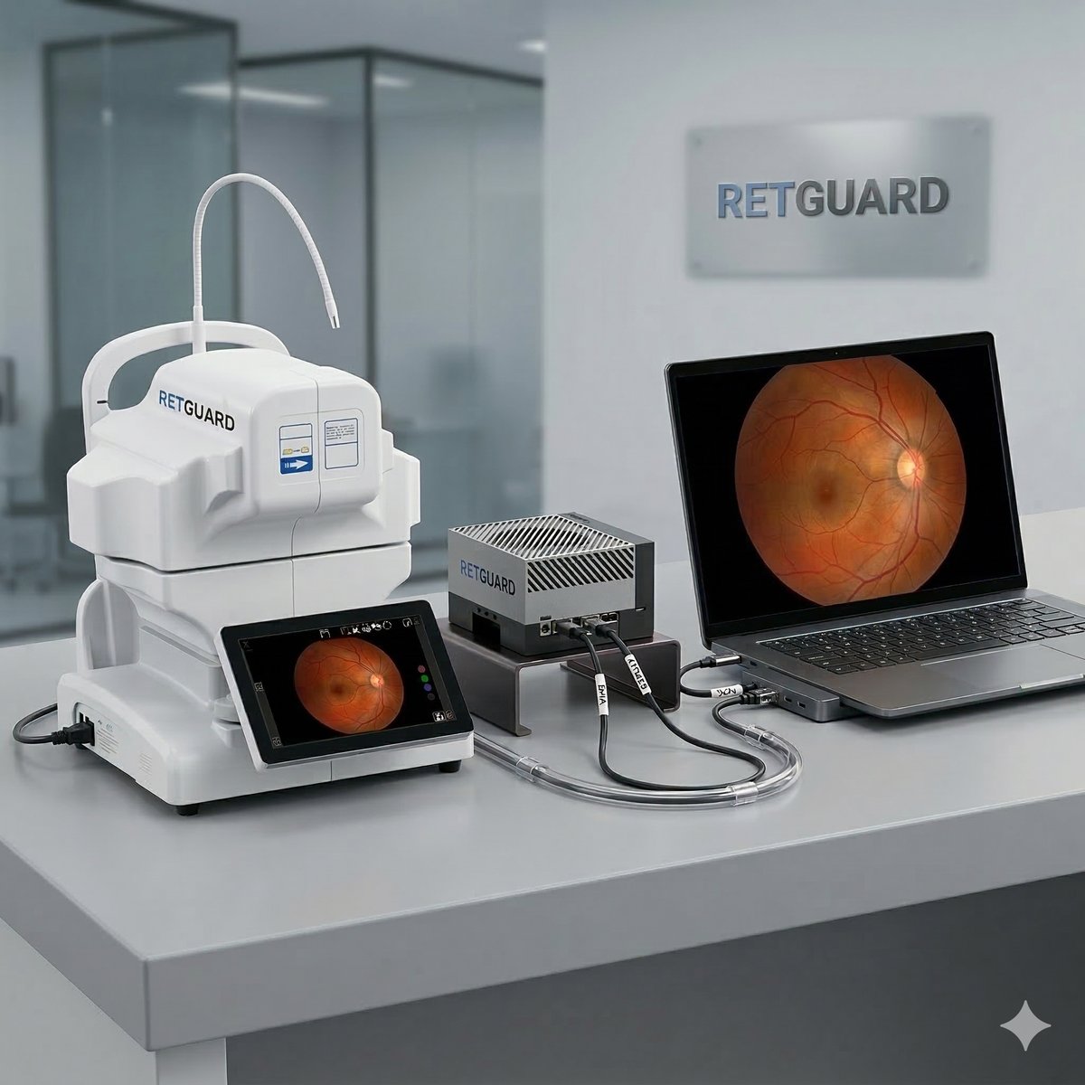 The complete RetGuard screening system — retinal camera, RetGuard Box, and laptop showing the clinical interface in a diabetic eye care center